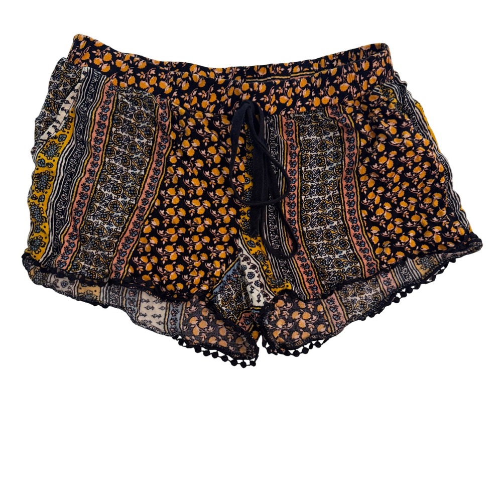 New Look Boho Print Shorts‎ Pom Pom Trim Drawstring Waist Casual Small